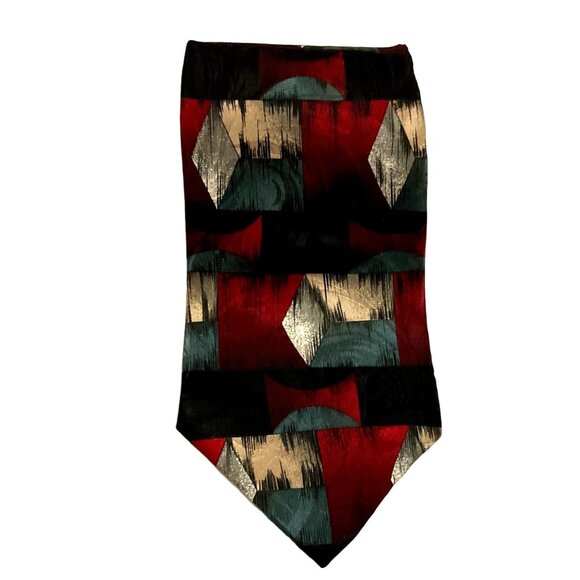 BURGUNDY SILK TIE NECKTIE ITALY HALSTON SILVER BLACK GEOMETRIC 58" X 3.25" MENS - Picture 1 of 4